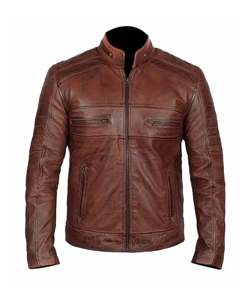 Brown Genuine Distressed Quilted Leather Jacket for Men