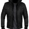 Black Hood Bomber Leather Jacket