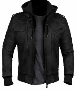 Black Hood Bomber Leather Jacket