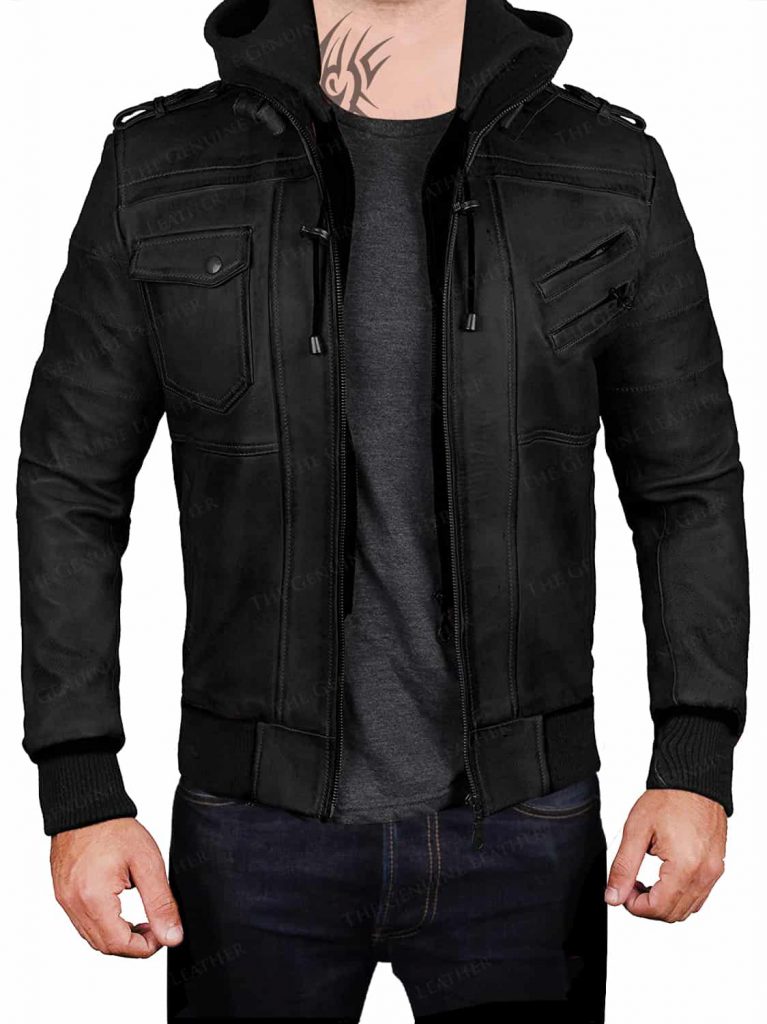 Men's Bomber Hood Removable Leather Jacket | Genuine Leather