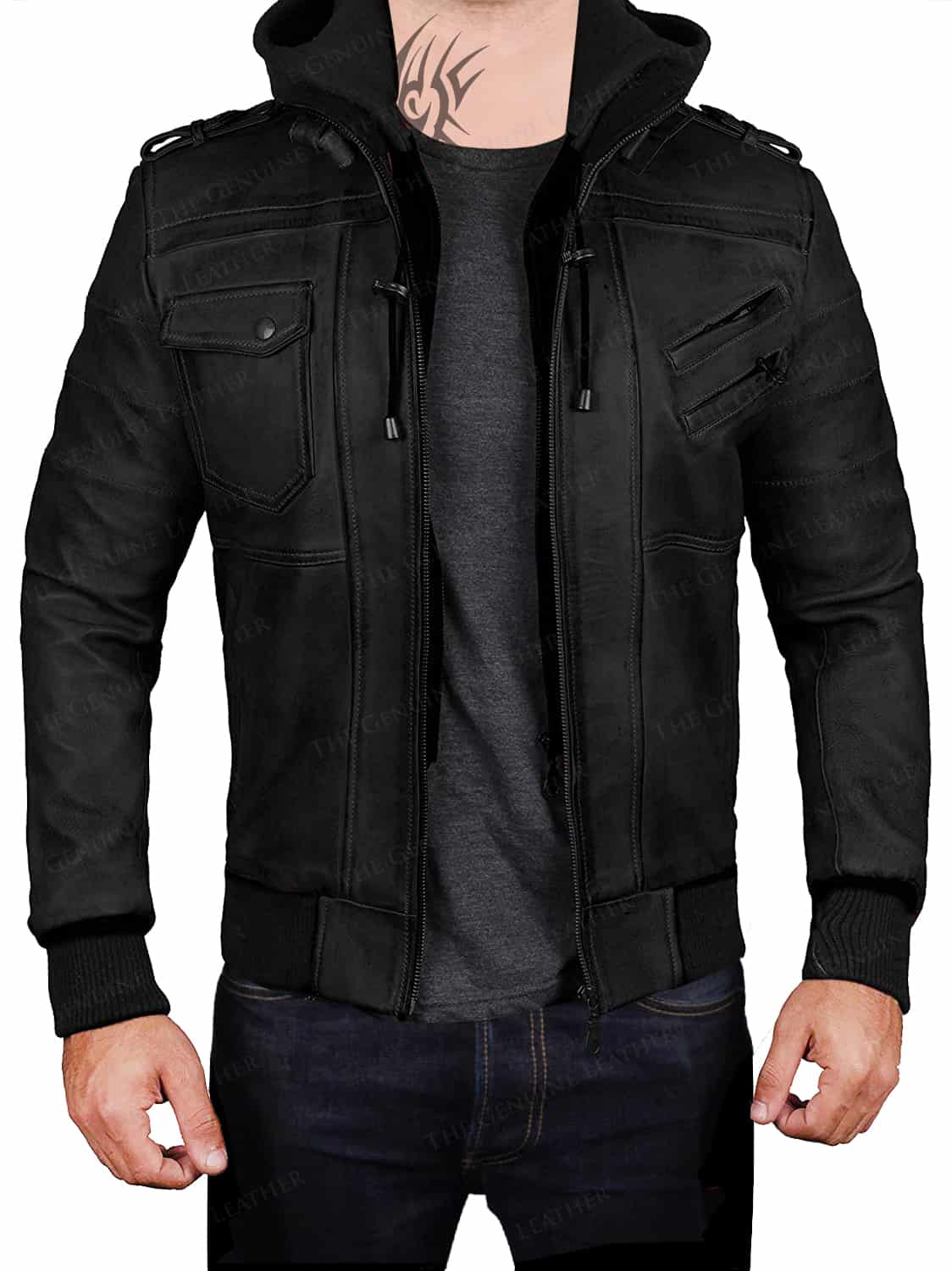 Black Hood Removable Leather Jacket