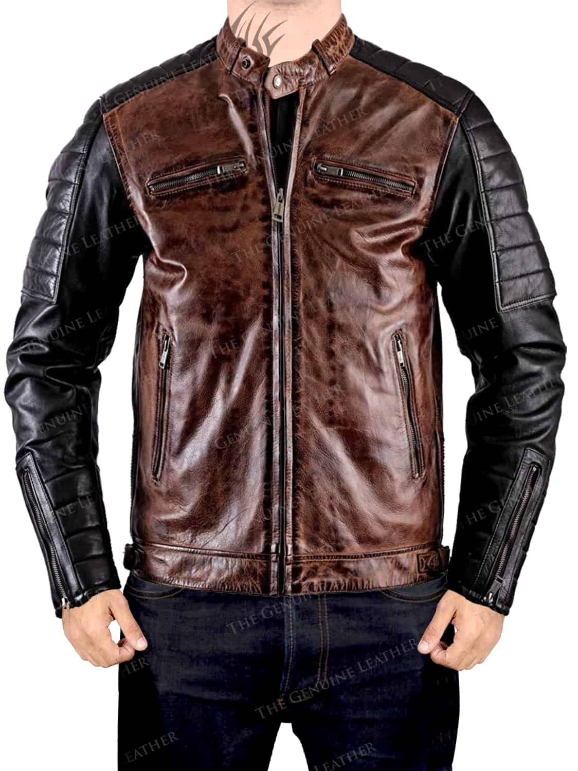 Mens Leather Jacket Vintage Saints Military Biker Style Black Retro Slim Fit 