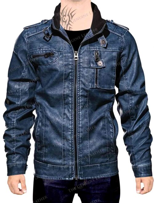Blue Sleeves Leather Jacket