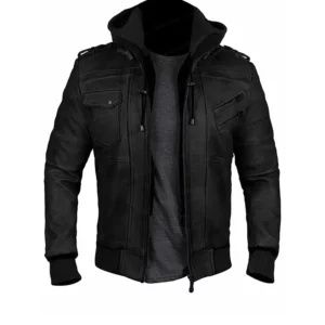Men Bomber Hood Removable Leather Jacket