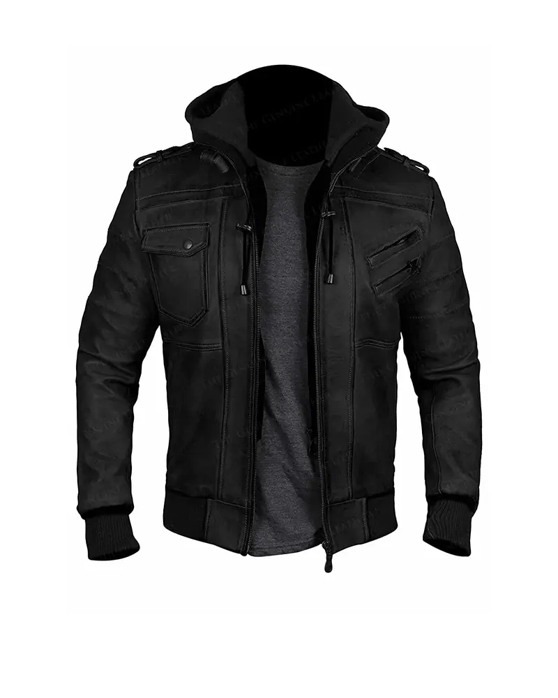Men Bomber Hood Removable Leather Jacket