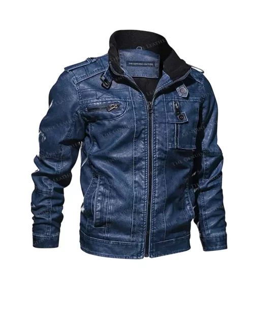 Mens Denim Blue Sleeves Casual Leather Jacket | The Genuine Leather