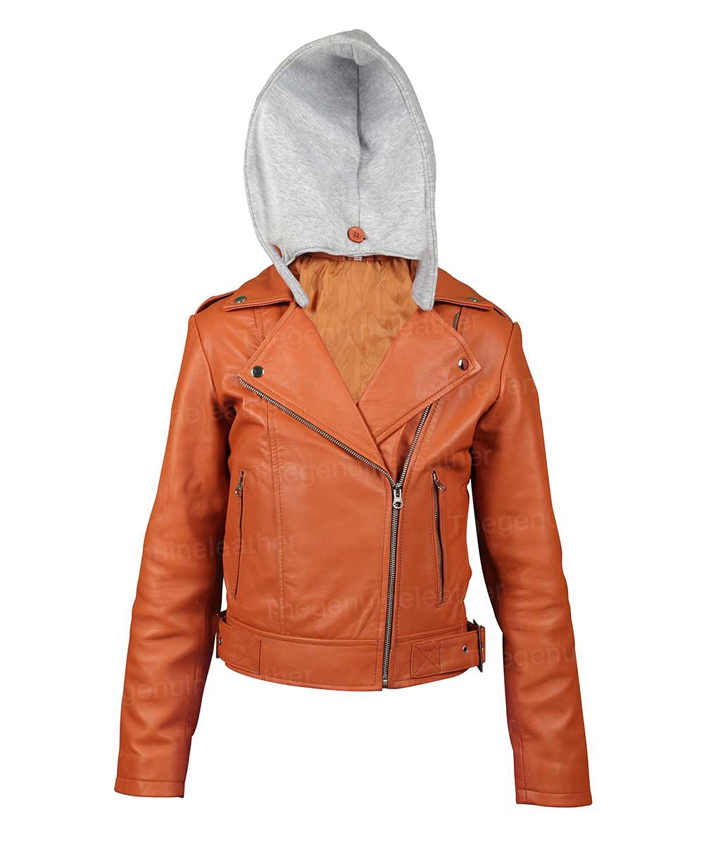 Women Orange Leather Hooded Jacket