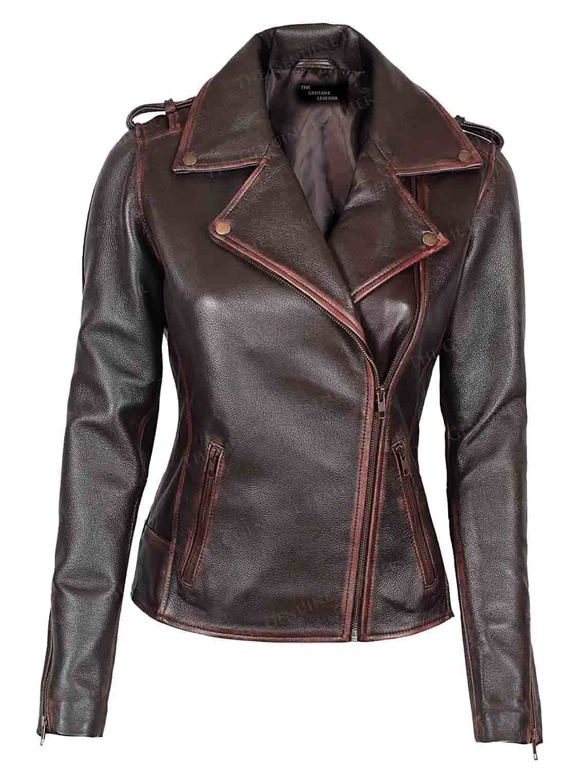 Chocolate Women Leather Jacket | Brown Women Distressed Jacket