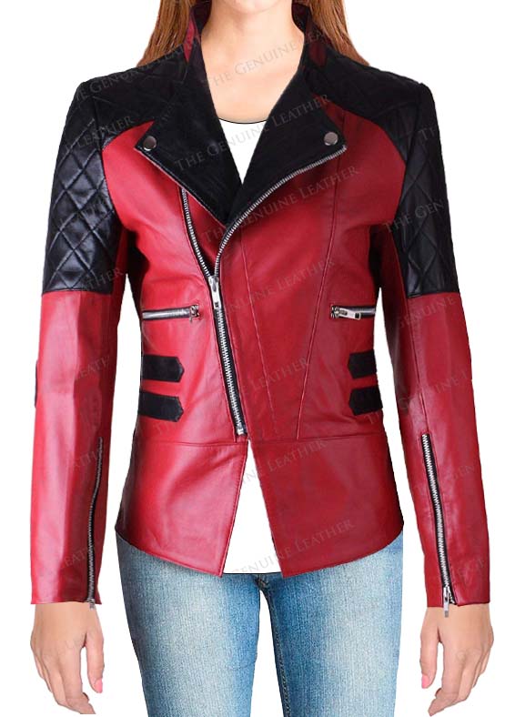 Takitop Women Black Leather Jacket-Ladies Quilted Biker Blazers W/Gold Tone Material