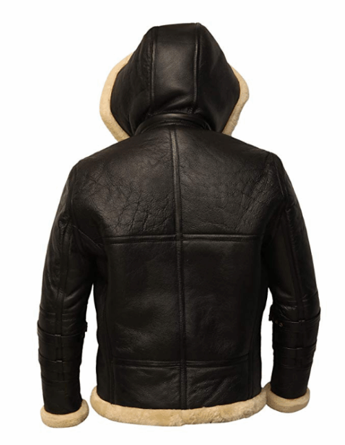 B3 Shearling Removable Hood Black Leather Jacket