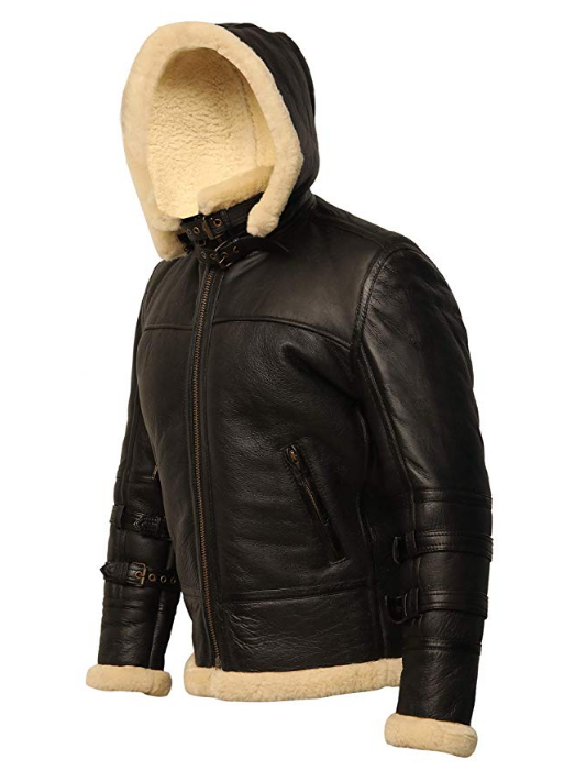 Mens B3 Shearling Removable Hood Black Jacket