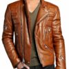 Mens Motorcycle Padded Brown Leather Jacket