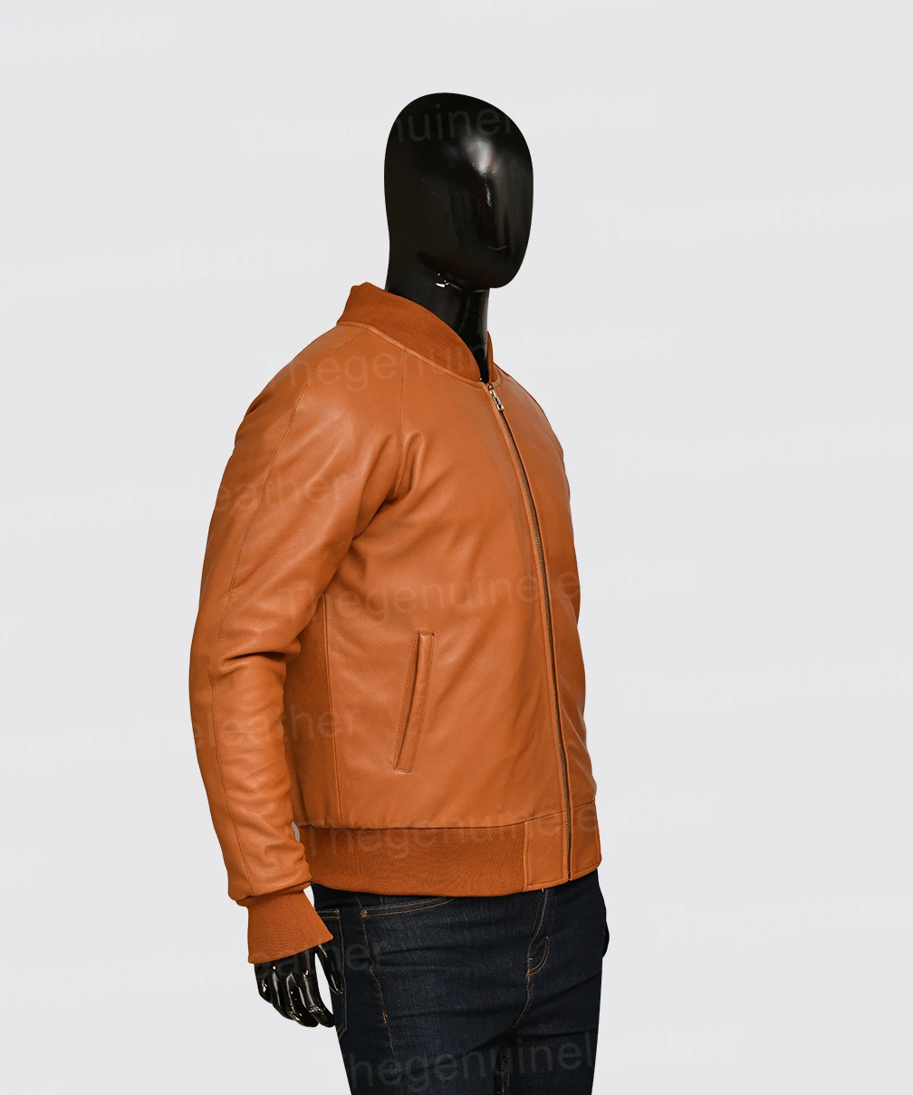Men's Brown Leather Bomber Jacket With Hood - Maher Leathers