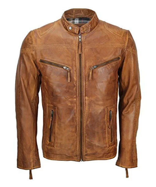 Mens Cafe Racer Biker Brown Leather Jacket