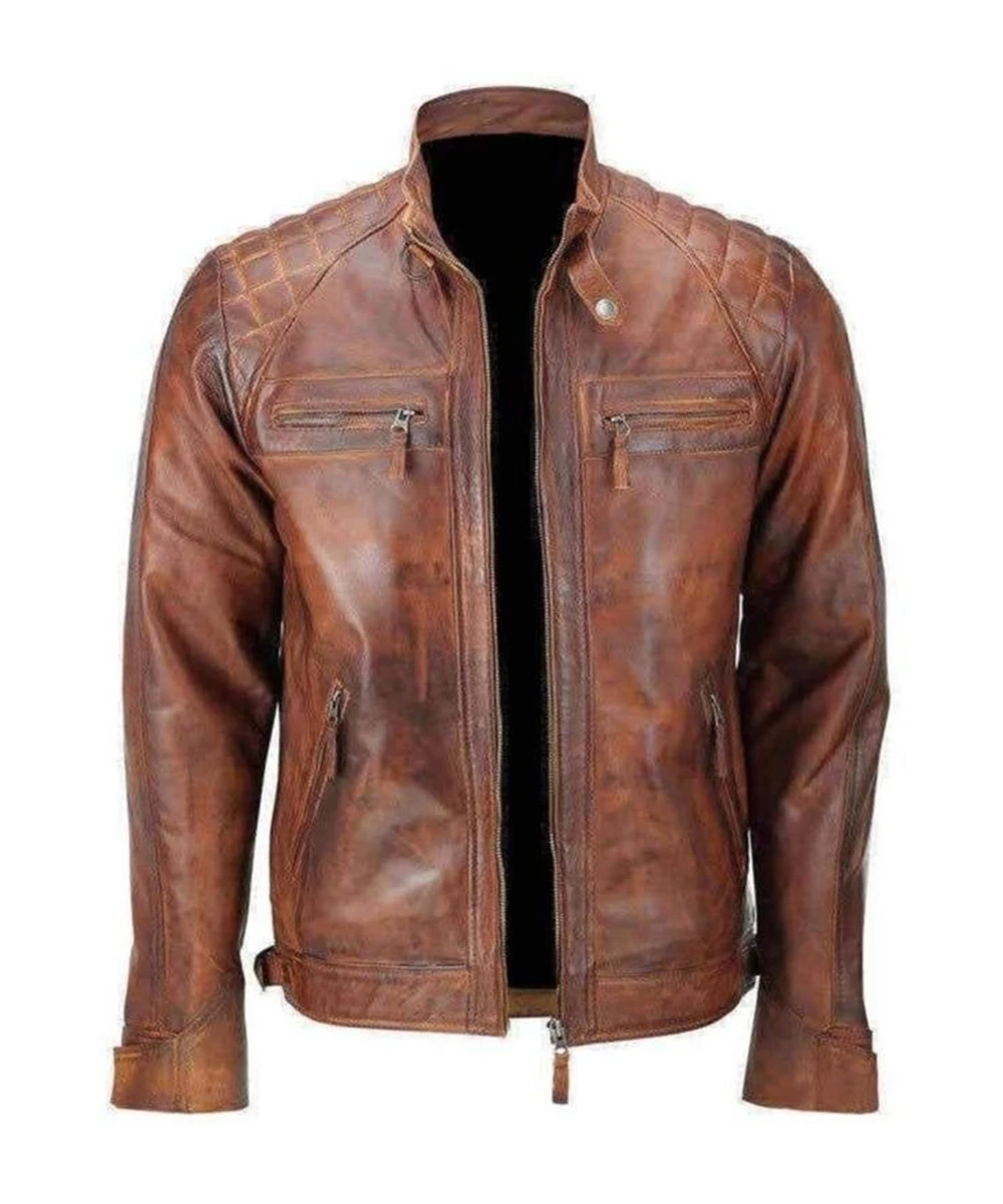 Men Brown Cafe Racer Distressed Motorcycle Leather Jacket