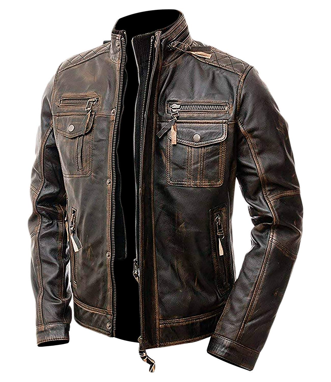 Cafe Racer Distressed Motorcycle Brown Leather Jacket | Biker Jacket