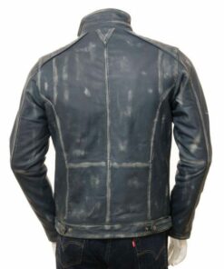Cafe Racer Mens Blue Waxed Leather Jacket