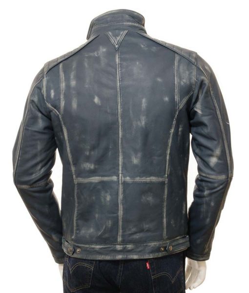 Cafe Racer Mens Blue Waxed Leather Jacket