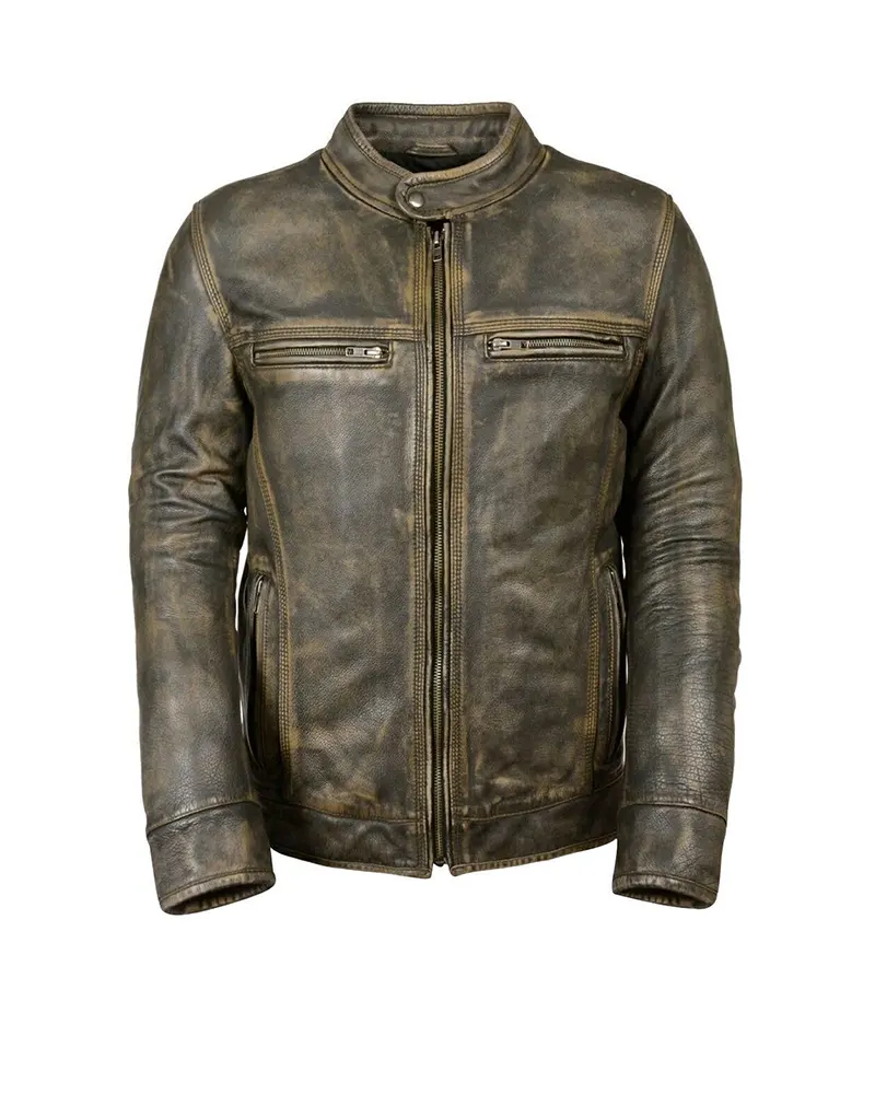 Distressed Cafe Racer Biker Leather Jacket