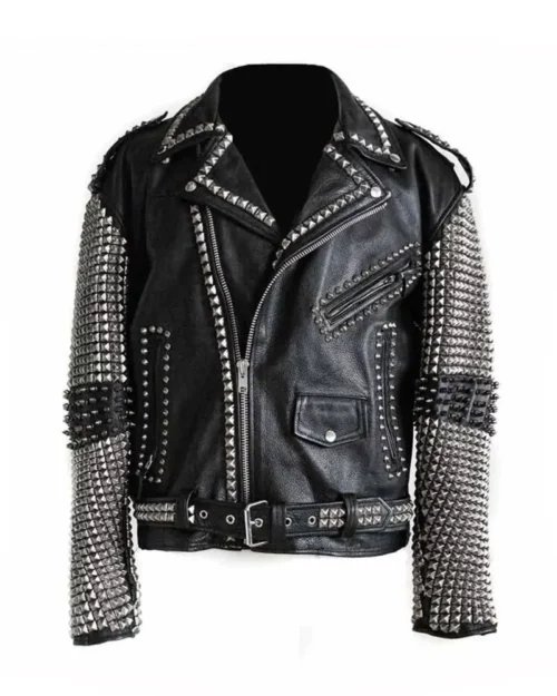 Men Punk Studded Black Leather Jacket