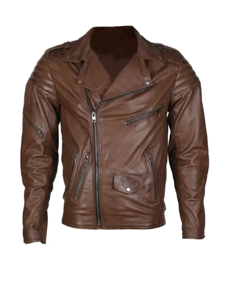 Mens Biker Classical Brown Leather Jacket
