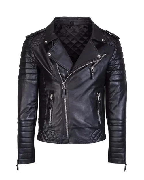 Mens Black Padded Motorcycle Leather Jacket