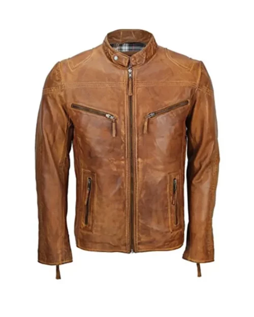 Mens Cafe Racer Biker Leather Jacket