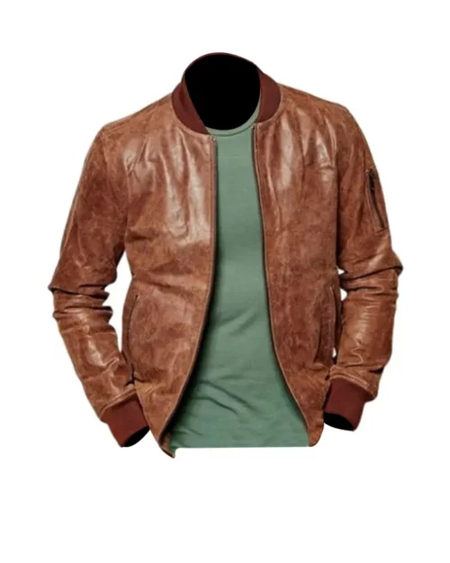 Mens Distressed Brown Bomber Leather Jacket