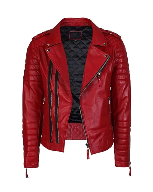 Mens Lambskin Motorcycle Red Leather Jacket