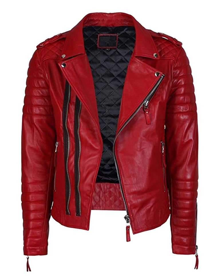 Mens Lambskin Motorcycle Red Leather Jacket Biker