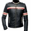 Mens Red And White Striped Black Leather Jacket