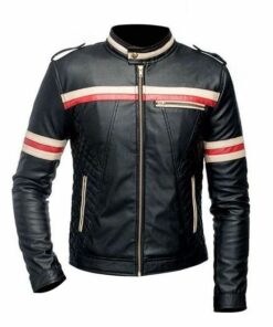 Mens Red And White Striped Black Leather Jacket