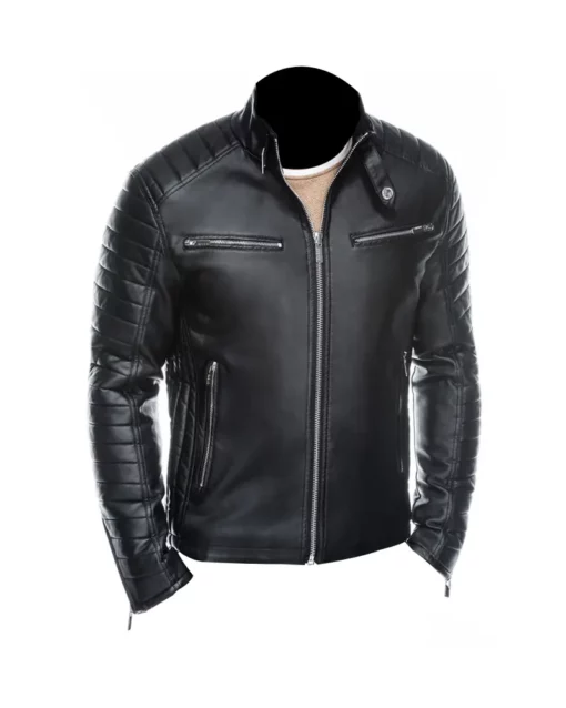 Mens Slim Fit Black Padded Leather Jacket | Mens Black Leather Jacket