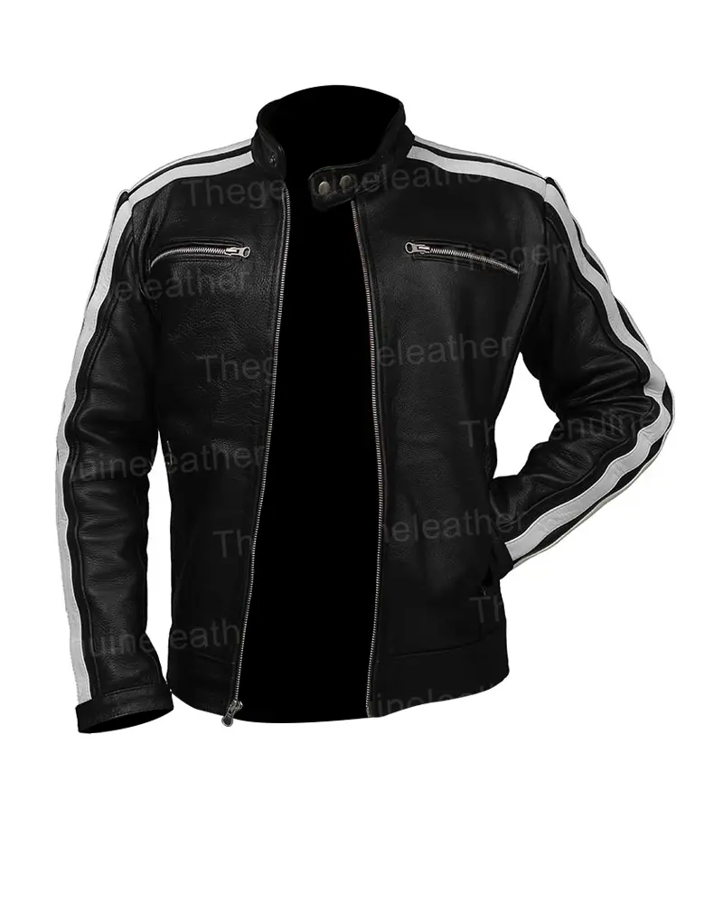 Mens White Striped Black Cafe Racer Leather Jacket