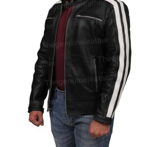 White Striped Black Cafe Racer Leather Jacket