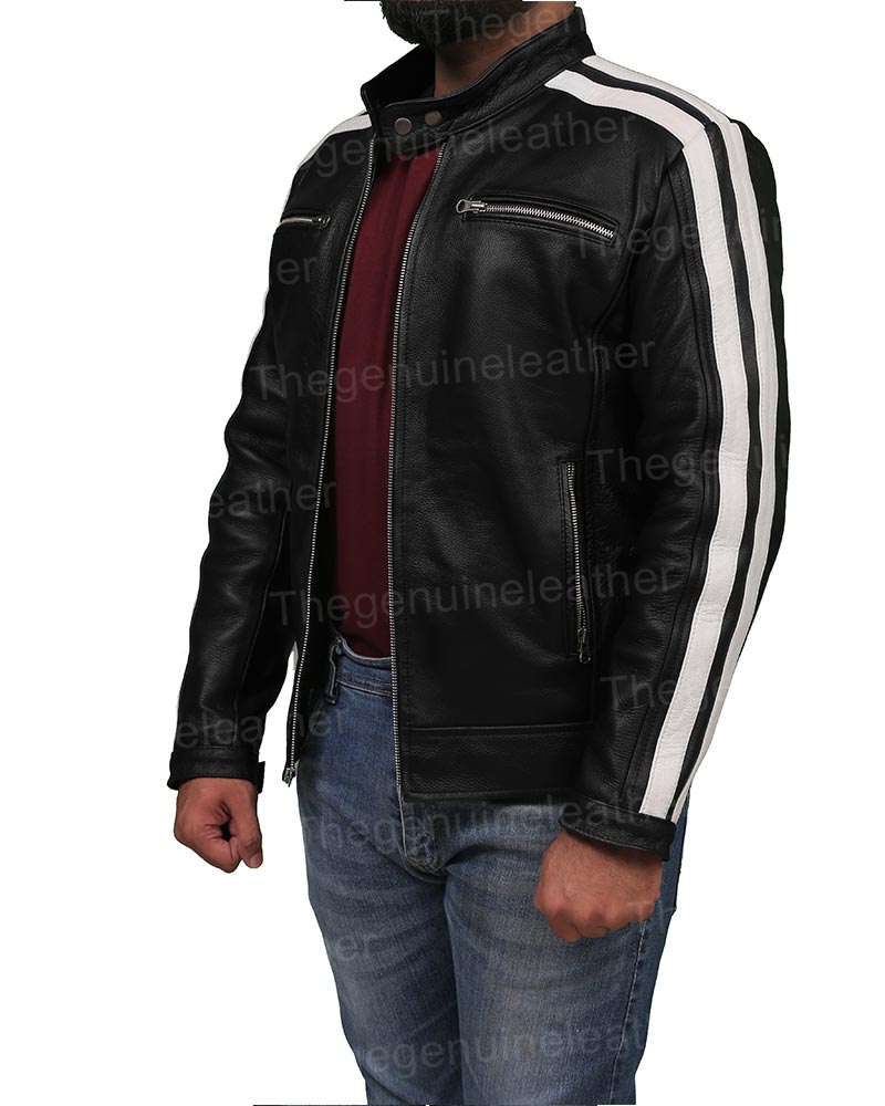 White Striped Black Cafe Racer Leather Jacket