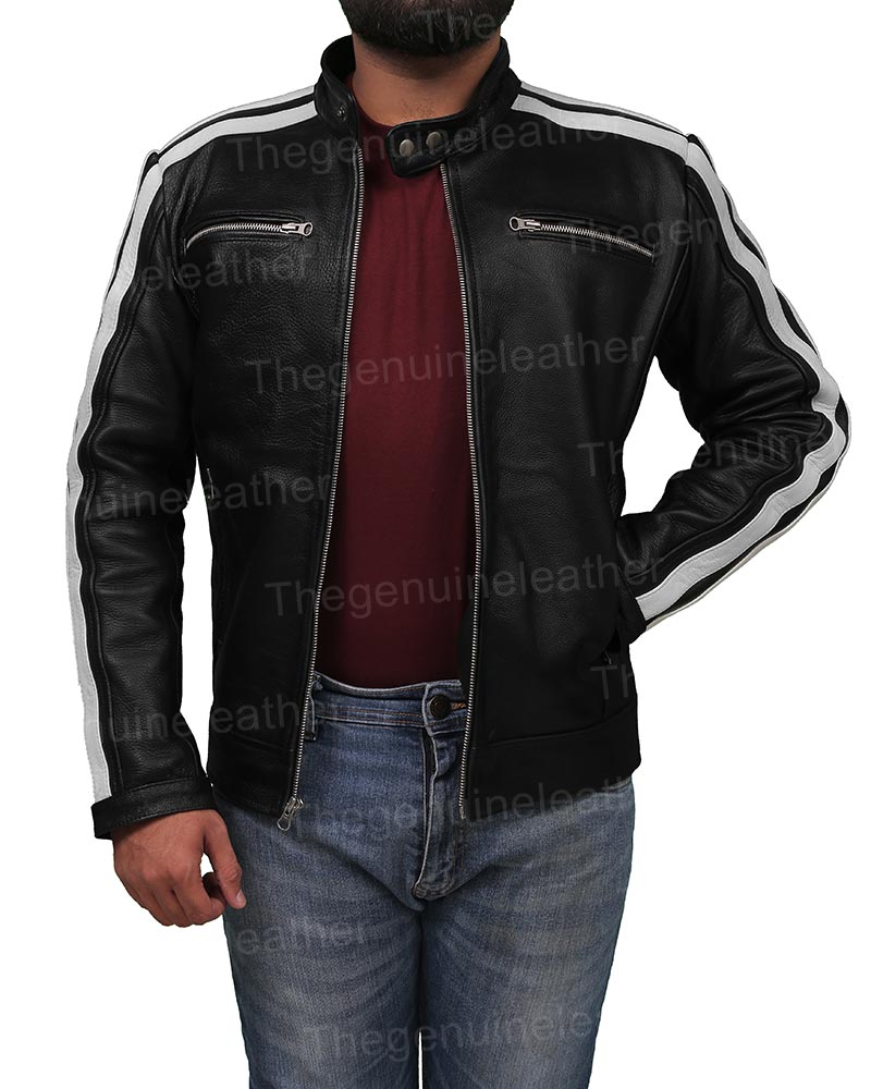 White Striped Mens Black Cafe Racer Leather Jacket