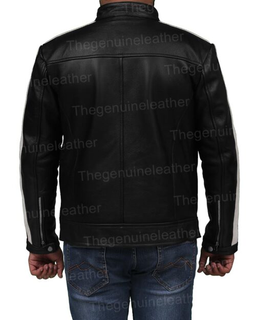 White Striped Mens Cafe Racer Leather Jacket