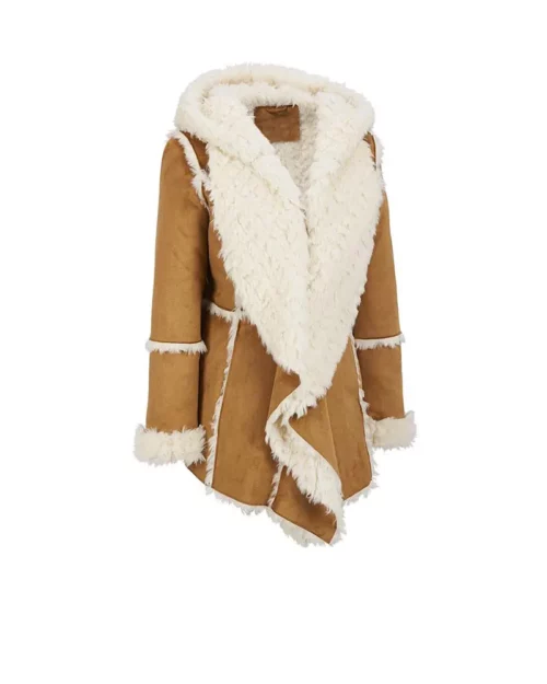 Womens Brown Fur Suede Overcoat With Hood
