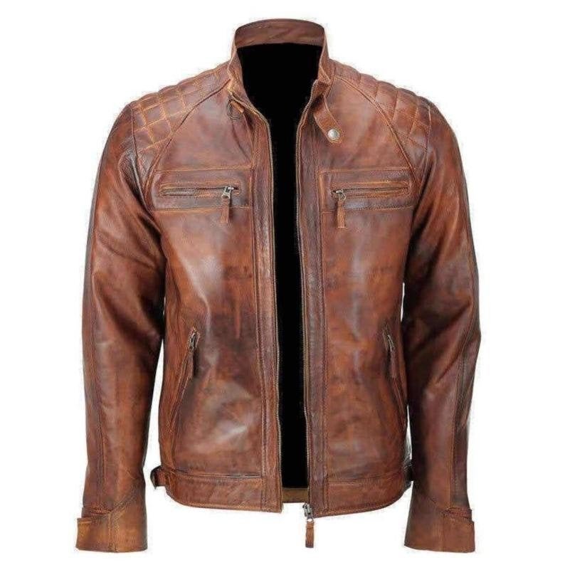 Men Brown Cafe Racer Distressed Motorcycle Leather Jacket