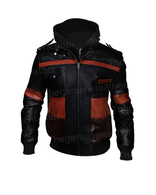 Mens Hoodie Bomber Leather Jacket