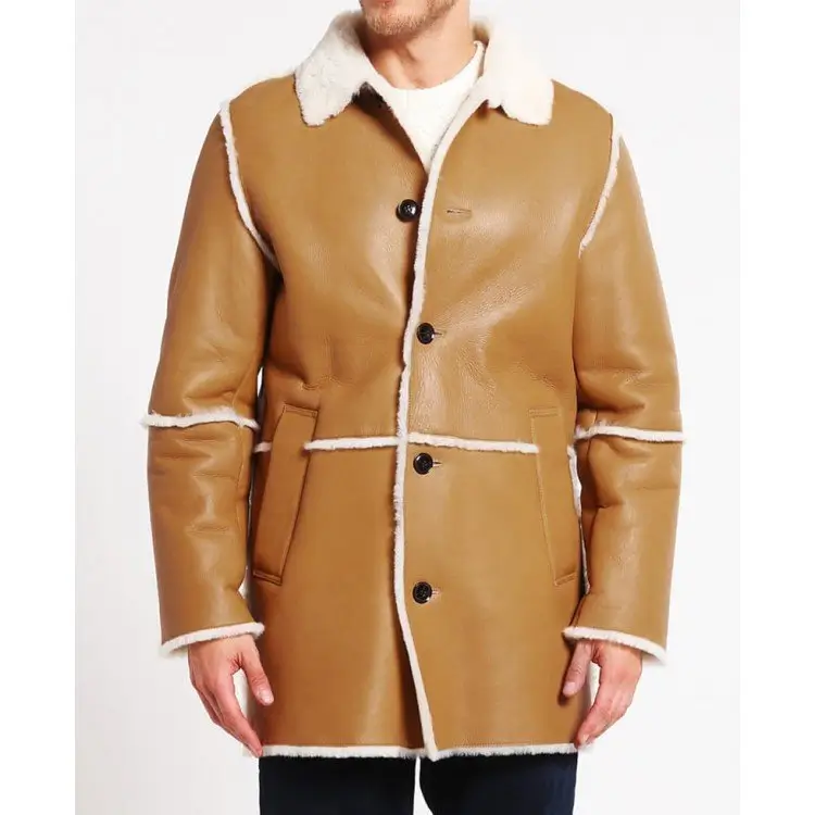 Men's Tan Brown Car Fur Leatehr Coat