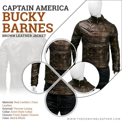 Captain America Bucky Barnes Brown Leather Jacket Infography