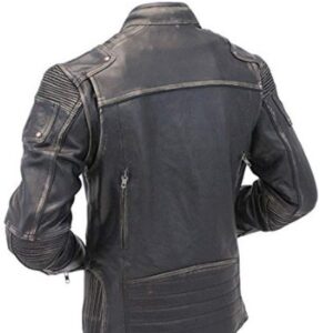 Men Distressed Black Biker Leather Jacket