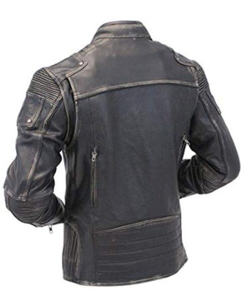 Men Distressed Black Biker Leather Jacket