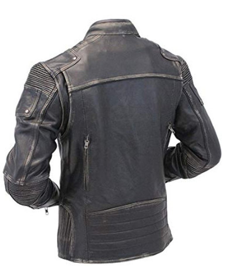 Mens Leather Jacket Vintage Saints Military Biker Style Black Retro Slim Fit 