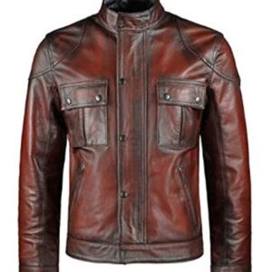 Mens Cafe Racer Distressed Red Motorcycle Leather Jacket