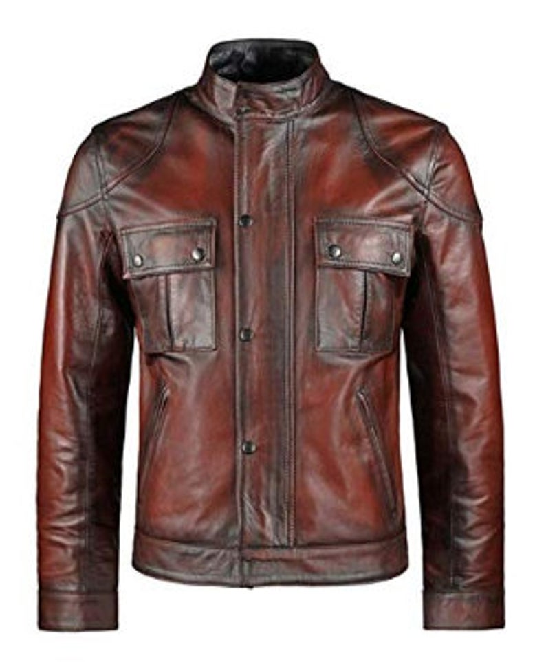Mens Cafe Racer Distressed Red Motorcycle Leather Jacket