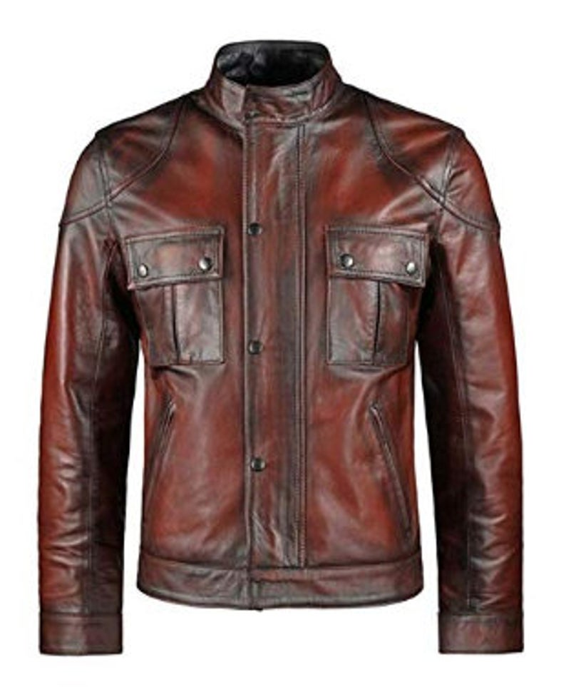 Mens Cafe Racer Distressed Red Leather Jacket | Distressed Red Jacket