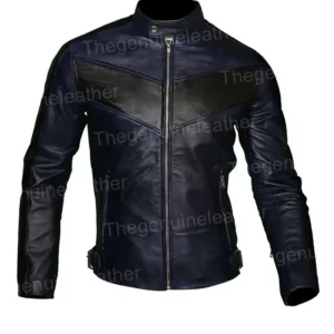 Mens Cafe Racer Navy Blue Biker Leather Jacket